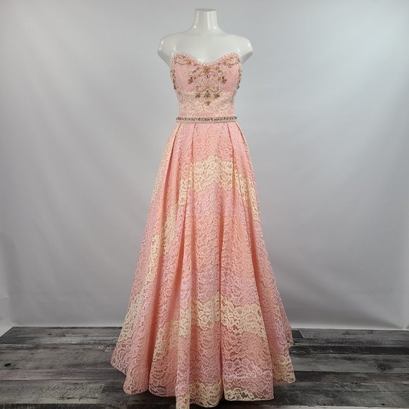 Mac Duggal Dresses & Skirts - Mac Duggal Pink & Beige Beaded Lace Prom Grad Ball Gown Size M/L